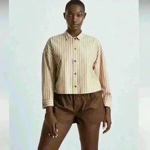 Everlane The Woven PJ Top Brown Stripes Size Small